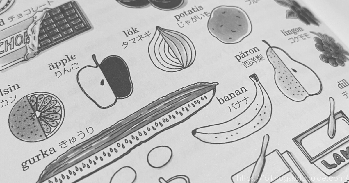 学習書「スウェーデン語の基本:入門から中級まで」の1ページ。食べ物のイラストとともに日本語とスウェーデン語の名称が書かれている。