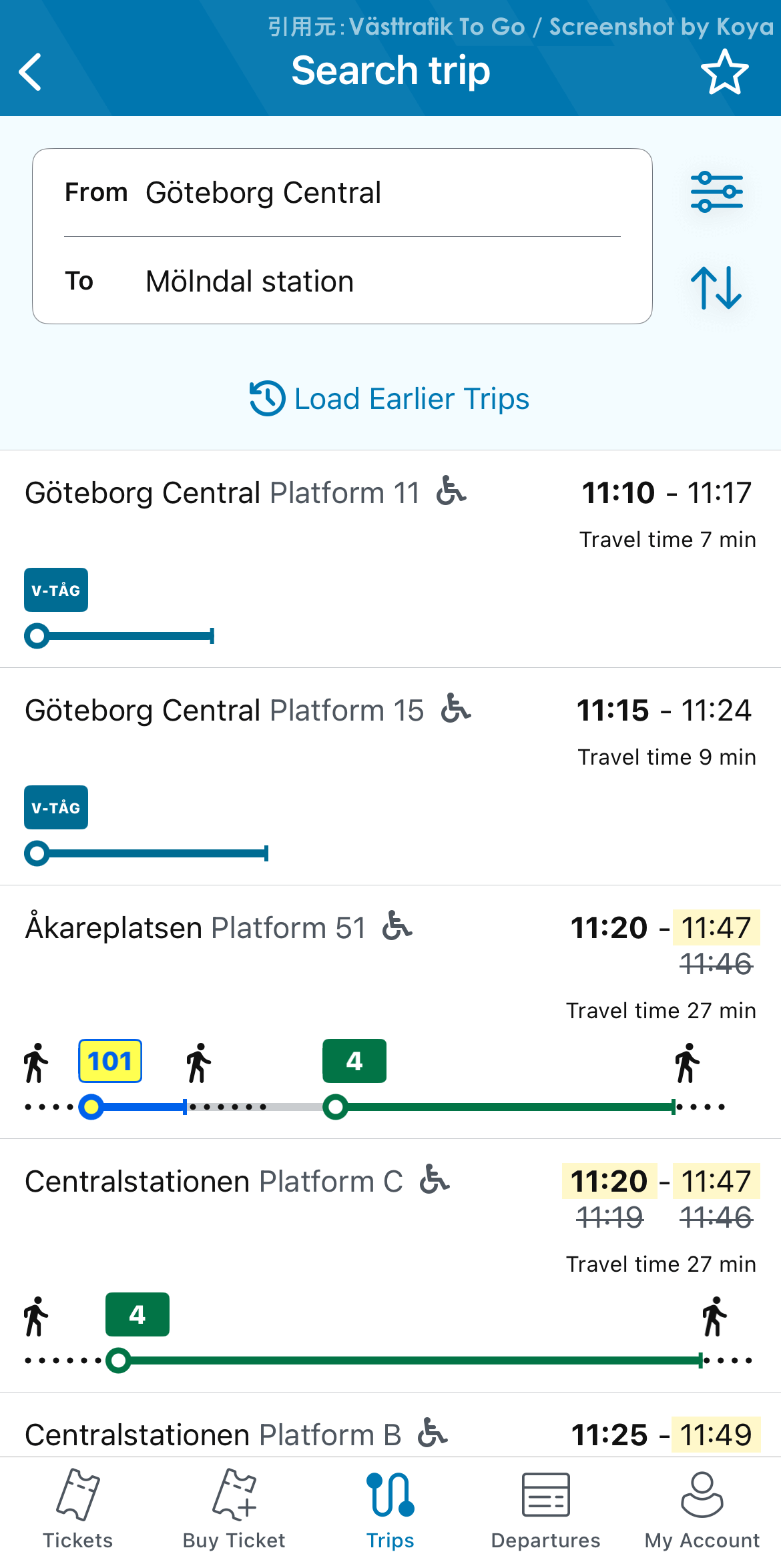 Koyaが撮影・解説したVästtrafik To Goのキャプチャ画面2:検索結果から任意のダイヤ(上から２番目「11:15発の電車」)を選択