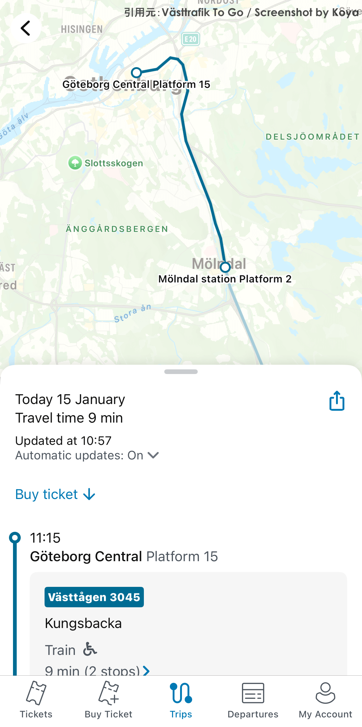 Koyaが撮影・解説したVästtrafik To Goのキャプチャ画面3:[Buy Ticket→]をタップまたは下へスクロール