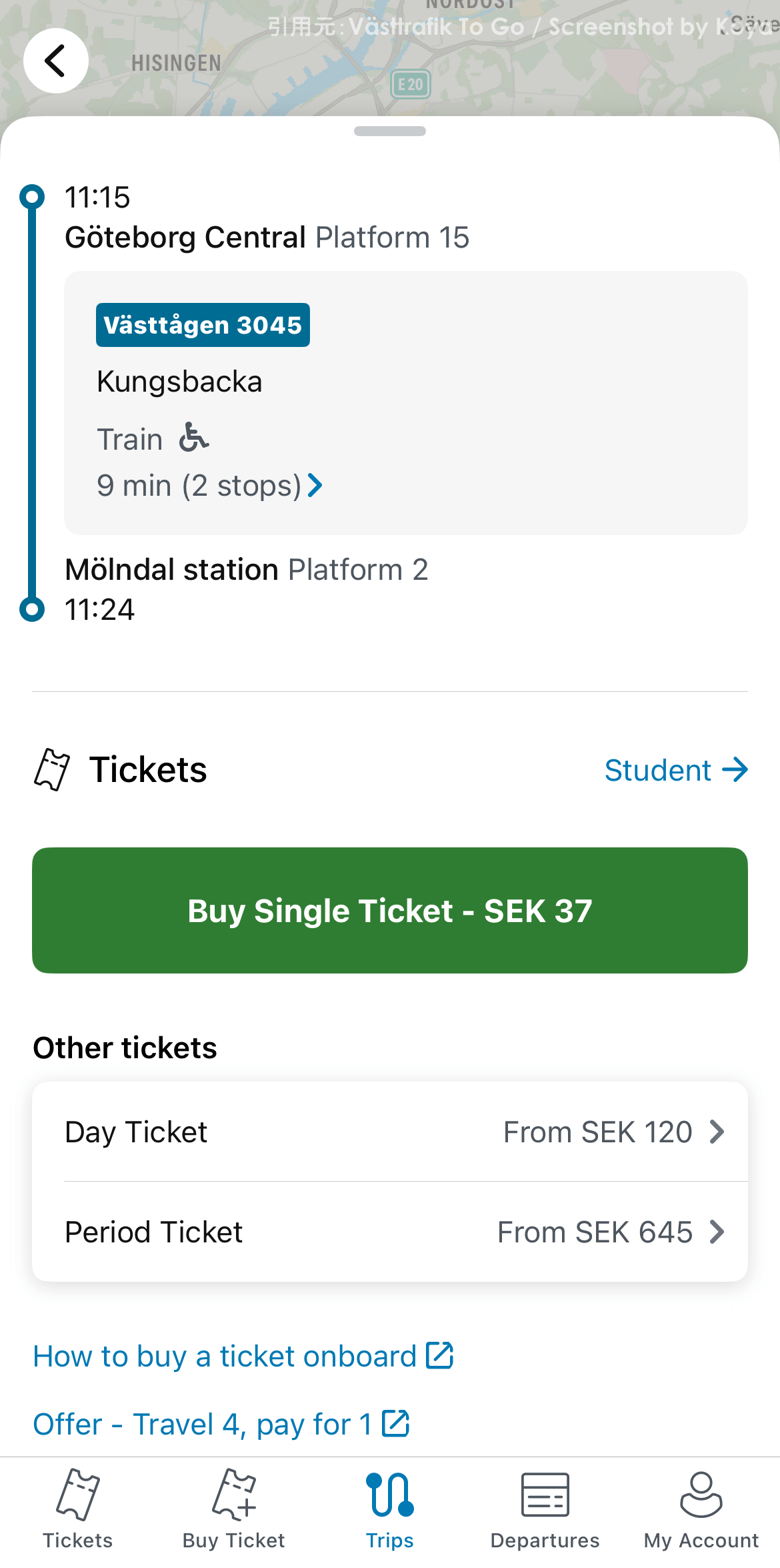 Koyaが撮影・解説したVästtrafik To Goのキャプチャ画面4:[Buy Single Ticket - SEK 37]を選択。※学割希望時は[Student→]をタップし設定