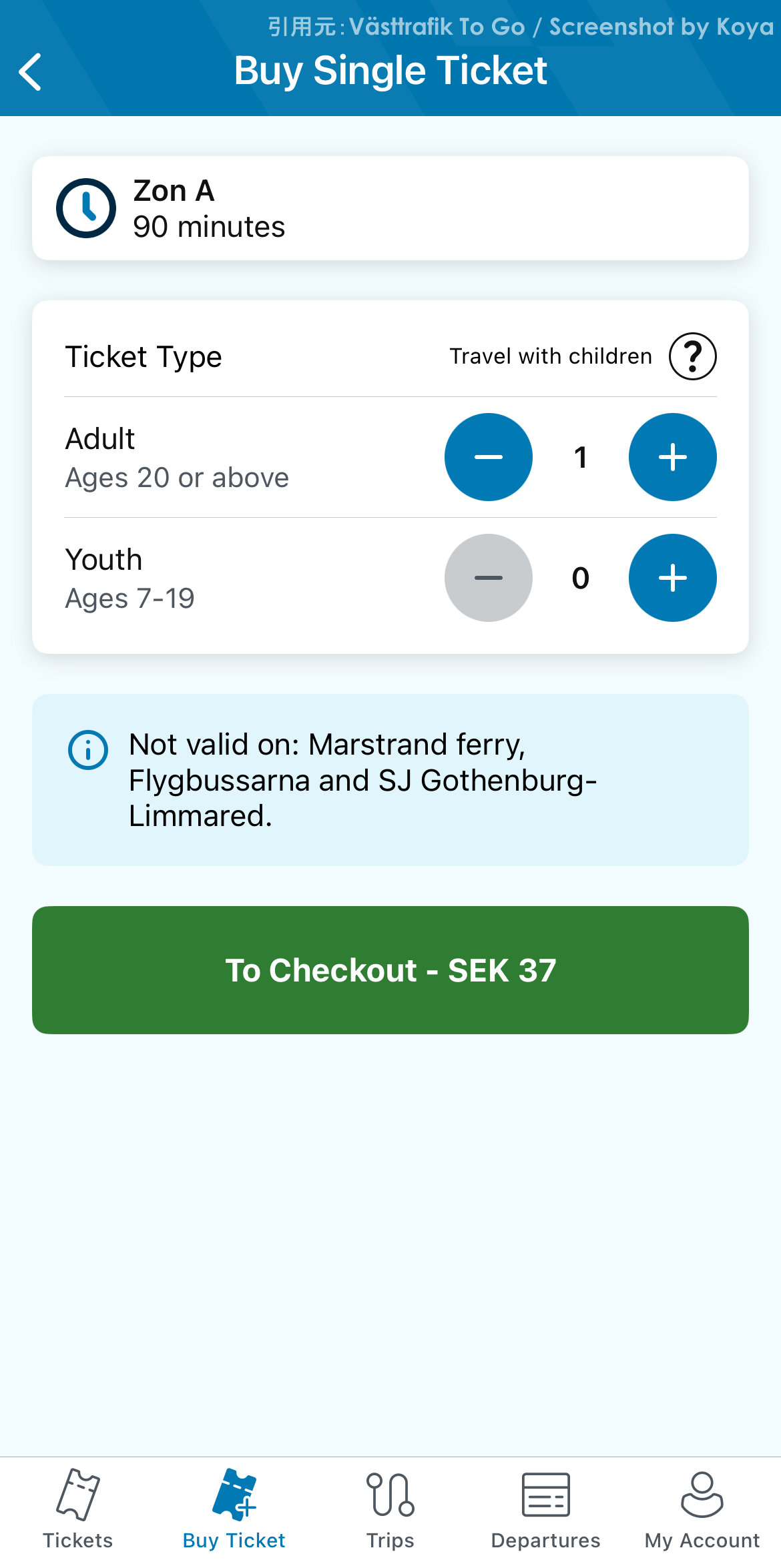 Koyaが撮影・解説したVästtrafik To Goのキャプチャ画面5:[To Checkout - SEK 37]を選択